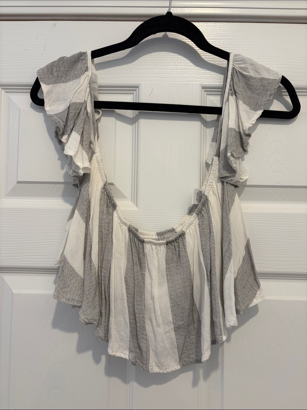 Lulus Sea Of Cortez Grey And White Striped Off-the-shoulder Crop Top - Size S - Picture 2 of 5